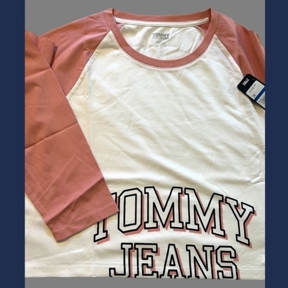 TOMMY JEANS NWT Cropped Cotton Color Block Logo T-Shirt-Pink & White/XL - Picture 4 of 12